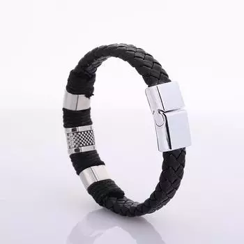 Мужской ретро-браслет из кожи в европейско-американском стиле с элементами трансграничного общения и украшениями из сплава. silver buckle чёрный