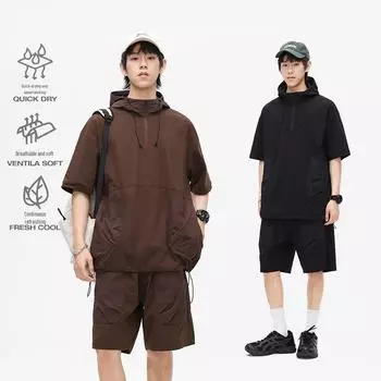 Мужской ретро-комплект из футболки с капюшоном и шорт в японском стиле с застежкой-молнией на половину длины — летний повседневный комплект из двух предметов M чёрный