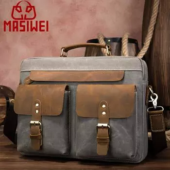 Мужской ретро-портфель из коровьей кожи Crazy Horse - сумка для делового ноутбука 14 дюймов чёрный