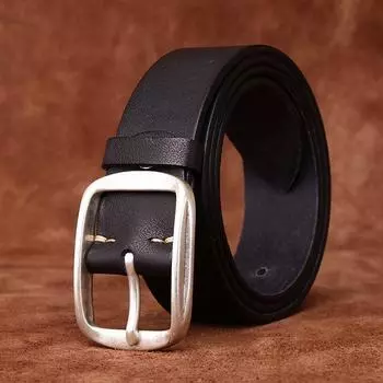 Мужской Ретро посеребренный ремень со стальной пряжкой из натуральной кожи крупного рогатого скота, простой универсальный повседневный джинсовый ремень для мужчин