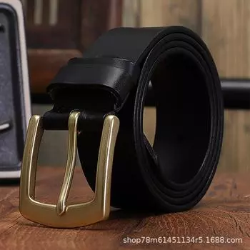 Мужской ретро-ремень из воловьей кожи с медной пряжкой первого слоя, простой универсальный повседневный ремень для джинсов 105cm чёрный