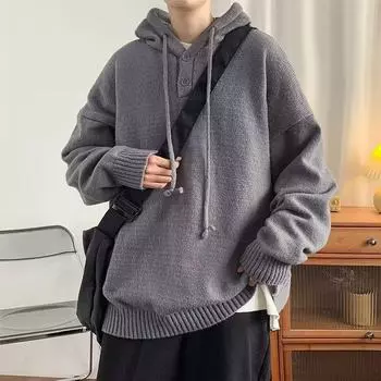 Мужской ретро-свитер с капюшоном в японском и корейском стиле с воротником на пуговицах - модная зимняя одежда чёрный