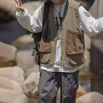 Мужской ретро-жилет CityBoy в японском стиле с несколькими карманами - функциональный дизайн без рукавов на молнии XXXL хаки