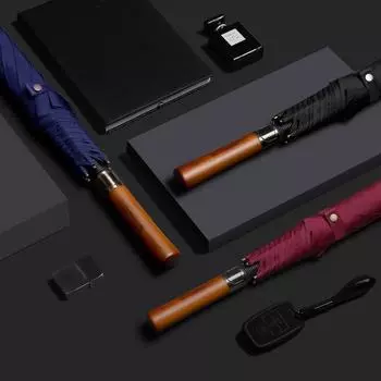 Мужской ретро-зонт для гольфа с ветрозащитой и длинной ручкой из цельного дерева