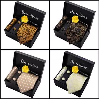 Мужской роскошный жаккардовый шелковый галстук, носовой платок, запонки, бутоньерка с подарочной коробкой для свадебной вечеринки, свиданий 988