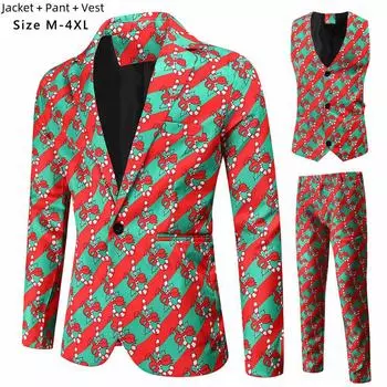 Мужской рождественский костюм-тройка в европейском и американском стиле: Пиджак, брюки и жилет большого размера с принтом на одной пуговице MJ45; XXL