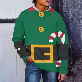 Мужской рождественский принт, искусственный свитер, толстовка с круглым вырезом, свободный топ с длинными рукавами L темно-зеленого