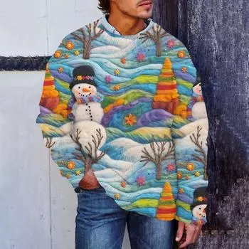 Мужской рождественский принт, искусственный свитер, толстовка с круглым вырезом, свободный топ с длинными рукавами L синий