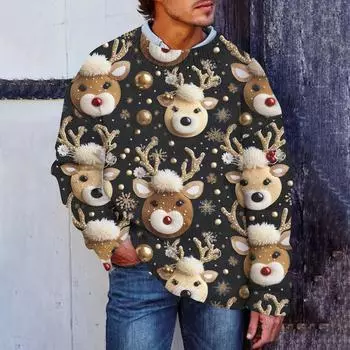 Мужской рождественский принт, искусственный свитер, толстовка с круглым вырезом, свободный топ с длинными рукавами L чёрный