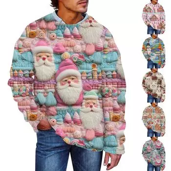 Мужской рождественский принт, искусственный свитер, толстовка с круглым вырезом, свободный топ с длинными рукавами L