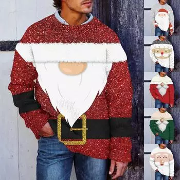 Мужской рождественский принт, искусственный свитер, толстовка с круглым вырезом, свободный топ с длинными рукавами L темно-зеленого
