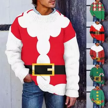 Мужской рождественский принт, искусственный свитер, толстовка с круглым вырезом, свободный топ с длинными рукавами L темно-зеленого