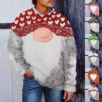 Мужской рождественский принт, искусственный свитер, толстовка с круглым вырезом, свободный топ с длинными рукавами L синий