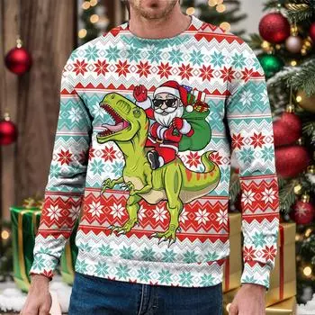 Мужской рождественский свитшот, пуловер с круглым вырезом, осенне-зимняя рубашка с длинным рукавом, современный свитер с принтом динозавра, мужская вечеринка S