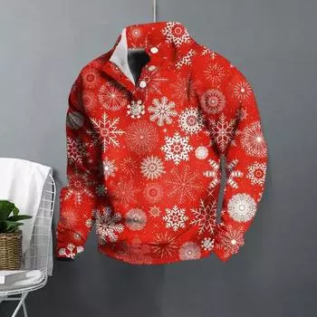 Мужской рождественский топ с объемным принтом снежинок, застегивающийся на пуговицы, воротник-стойка, большие размеры, длинные рукава, пуловер средней длины, праздничная толстовка для отпуска S красный