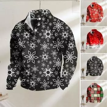 Мужской рождественский топ с принтом снежинок 3D, застегивающийся на пуговицы, воротник-стойка, большие размеры, длинные рукава, средняя длина S красный/белый