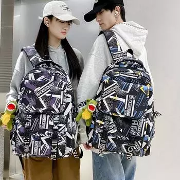 Мужской рюкзак большой вместимости с рисунком граффити, школьный рюкзак для школьников средней школы, женский дорожный рюкзак чёрный