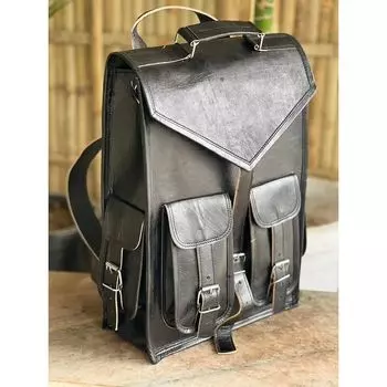 Мужской рюкзак для путешествий, ноутбука, школы, из натуральной козьей кожи, винтажная сумка 15 x 11 x 11 in чёрный
