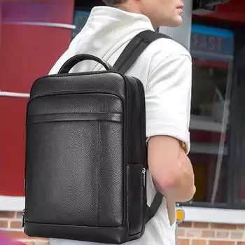 Мужской рюкзак из натуральной кожи, деловой рюкзак из коровьей кожи с замком отпечатков пальцев, большая вместимость, сумка для компьютера чёрный