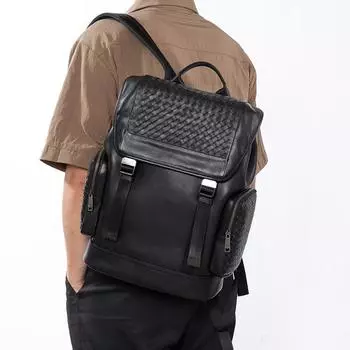 Мужской рюкзак из натуральной кожи с плетеным чехлом, модный рюкзак большой емкости для компьютера, дорожная сумка для поездок на работу чёрный