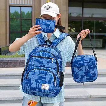 Мужской рюкзак из трех предметов большой вместимости, студенческий школьный рюкзак, женский рюкзак с камуфляжным принтом хаки