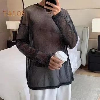 Мужской сетчатый топ, тонкий, прозрачный, блестящий, с пайетками, сетка с круглым вырезом, длинные рукава, однотонный, эластичный, свободный крой, укрепляющий мышцы, домашняя одежда для вечеринок, клубов, танцев M чёрный