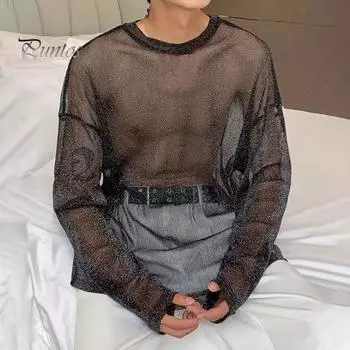 Мужской сетчатый топ, тонкий, прозрачный, блестящий, с пайетками, сетка с круглым вырезом, длинные рукава, однотонный, эластичный, свободный крой, укрепляющий мышцы, домашняя одежда для вечеринок, клубов, танцев M