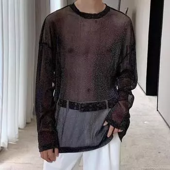 Мужской сетчатый топ, тонкий, прозрачный, блестящий, с пайетками, сетка с круглым вырезом, длинные рукава, однотонный, эластичный, свободный крой, укрепляющий мышцы, домашняя одежда для вечеринок, клубов, танцев M