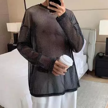 Мужской сетчатый топ, тонкий, прозрачный, с блестящими пайетками, с круглым вырезом, длинные рукава M чёрный