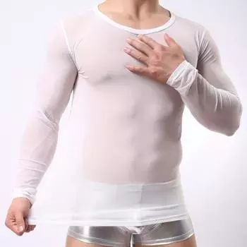 Мужской сетчатый топ, ультратонкая прозрачная футболка с круглым вырезом и длинными рукавами, однотонная эластичная облегающая вечерняя домашняя одежда для танцев, футболка для выступлений M белый