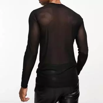 Мужской сетчатый топ, ультратонкий, прозрачный, с круглым вырезом, с длинными рукавами, однотонный, эластичный, тонкий M чёрный