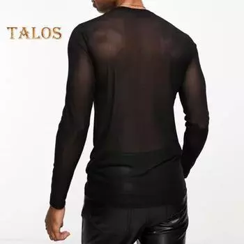 Мужской сетчатый топ, ультратонкий, прозрачный, с круглым вырезом, длинными рукавами, однотонный, эластичный, облегающий, укрепляющий мышцы, домашняя одежда для вечеринок, клубных танцев, выступлений, футболка M чёрный