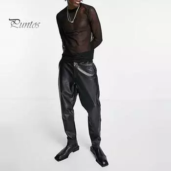 Мужской сетчатый топ, ультратонкий, прозрачный, с круглым вырезом, длинными рукавами, однотонный, эластичный, облегающий, укрепляющий мышцы, домашняя одежда для вечеринок, клубных танцев, выступлений, футболка M чёрный