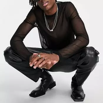 Мужской сетчатый топ, ультратонкий, прозрачный, с круглым вырезом, длинными рукавами, однотонный, эластичный, облегающий, укрепляющий мышцы, домашняя одежда для вечеринок, клубных танцев, выступлений, футболка M чёрный