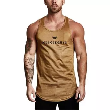 Мужской сетчатый жилет для занятий фитнесом, бодибилдингом, тренажерным залом, спортом, летняя мода, дышащий, быстросохнущий, крутой жилет с круглым вырезом и принтом M золотой