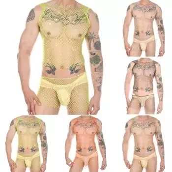 Мужской сексуальный жилет для ночного клуба, квадратный воротник, без рукавов, ажурный жилет, облегающий полый сетчатый топ, блестящие топы M