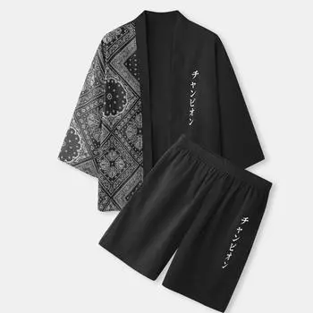 Мужской шарф с пейсли, кимоно с японским принтом, комплект из двух предметов L чёрный