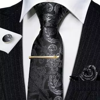 Мужской шелковый галстук Barry.Wang с золотым платком и запонками N-0822