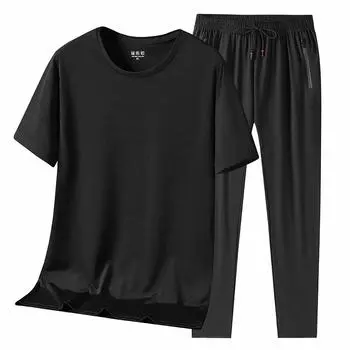 Мужской шелковый гладкий эластичный летний комплект из двух предметов из ледяного шелка с коротким рукавом и круглым вырезом, повседневный спортивный комплект XXXL