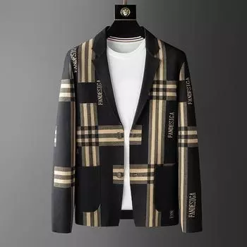 Мужской шерстяной кардиган с воротником на весну и осень, новый модный повседневный трикотажный принтованный свитер, куртка для молодежи и людей среднего возраста M