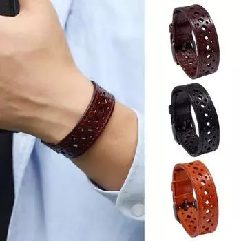 Мужской широкий браслет в стиле ретро, регулируемый однотонный браслет из искусственной кожи, длинный браслет-манжета, модные аксессуары чёрный