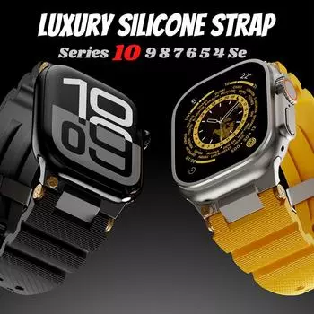 Мужской силиконовый ремешок для Apple Watch 49 мм 46 мм 45 мм 44 мм 42 мм роскошный спортивный ремешок для Iwatch Series 10 9 8 7 6 5 4 Se Ultra 1 2 браслет 42mm 44mm 45mm жёлтый
