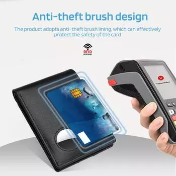 Мужской складной кошелек из натуральной кожи с держателем Airtag, карманом с блокировкой RFID для купюр, подарок на День отца чёрный