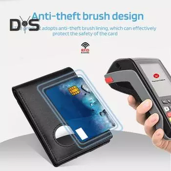 Мужской складной кошелек из натуральной кожи с держателем Airtag, карманом с блокировкой RFID для купюр, подарок на День отца чёрный