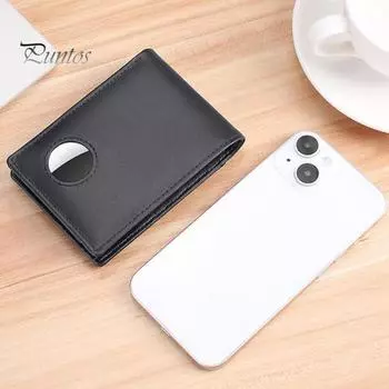 Мужской складной кошелек из натуральной кожи с держателем Airtag, карманом с блокировкой RFID для купюр, подарок на День отца чёрный