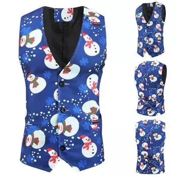 Мужской снеговик, Рождественский необычный жилет, винтажная куртка без рукавов на пуговицах для вечеринки XXL синий