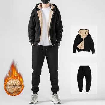 Мужской спортивный комплект из бархата с капюшоном: Зимний кардиган из овчины и толстый свитер 5XL