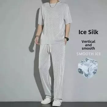 Мужской спортивный комплект из быстросохнущего материала Ice Silk, лето 2023 г.: Легкие длинные брюки и футболка с короткими рукавами XXL