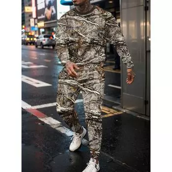 Мужской спортивный комплект с принтом «Джунгли Камуфляж» в 3D-стиле, повседневная футболка с длинными рукавами и штаны, комплект из 2 предметов, свободный свитер для мужчин S