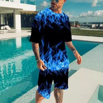 Мужской спортивный костюм Fire с принтом Flame 3D Женская мода Футболки с коротким рукавом Шорты Комплекты Уличная спортивная одежда Детские костюмы Одежда S